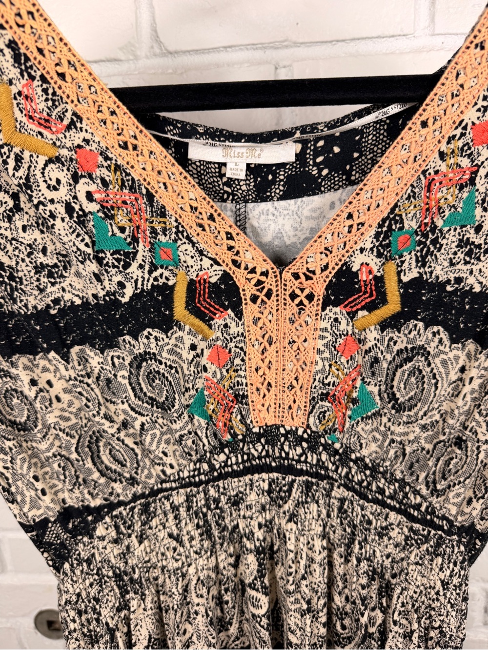 Miss Me Boho Maxi Dress Large Black Cream Embroidered Festival Beach Cover Up - Picture 2 of 7